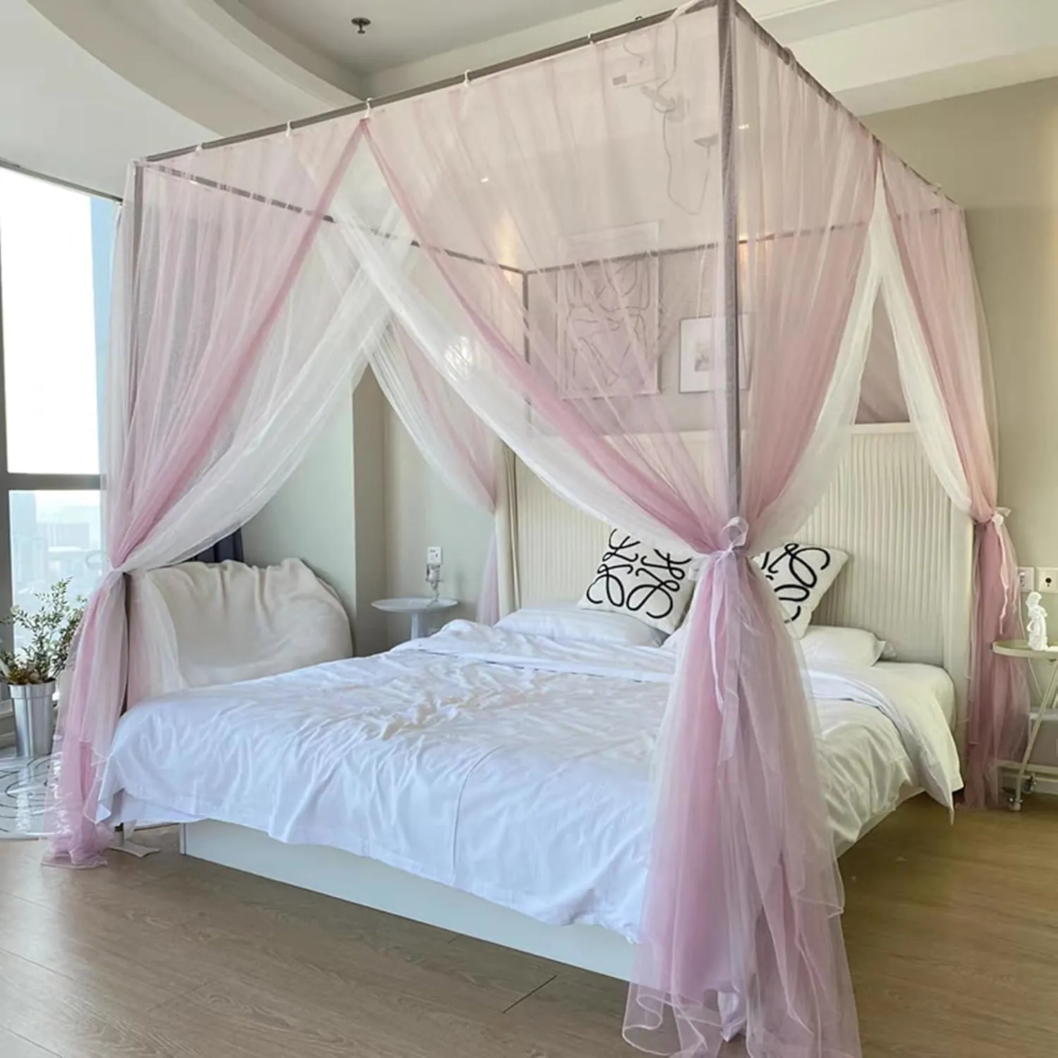 Mosquito Net Bed Frame 4 Corners Canopy Bed Frame Post Poles Metal Bed Post Poles for Full Size Bed Bedroom Decoration Accessories,Stainless Steel B,Twin