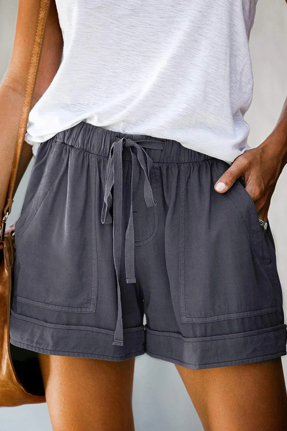 Mosucoirl Women Comfy Drawstring Casual Elastic Waist Pure Color Shorts Summer Beach Lightweight Short Pants with Pockets