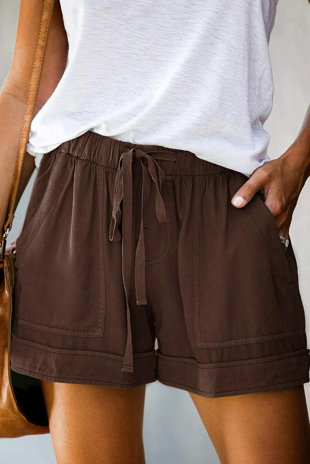 Mosucoirl Women Comfy Drawstring Casual Elastic Waist Pure Color Shorts Summer Beach Lightweight Short Pants with Pockets