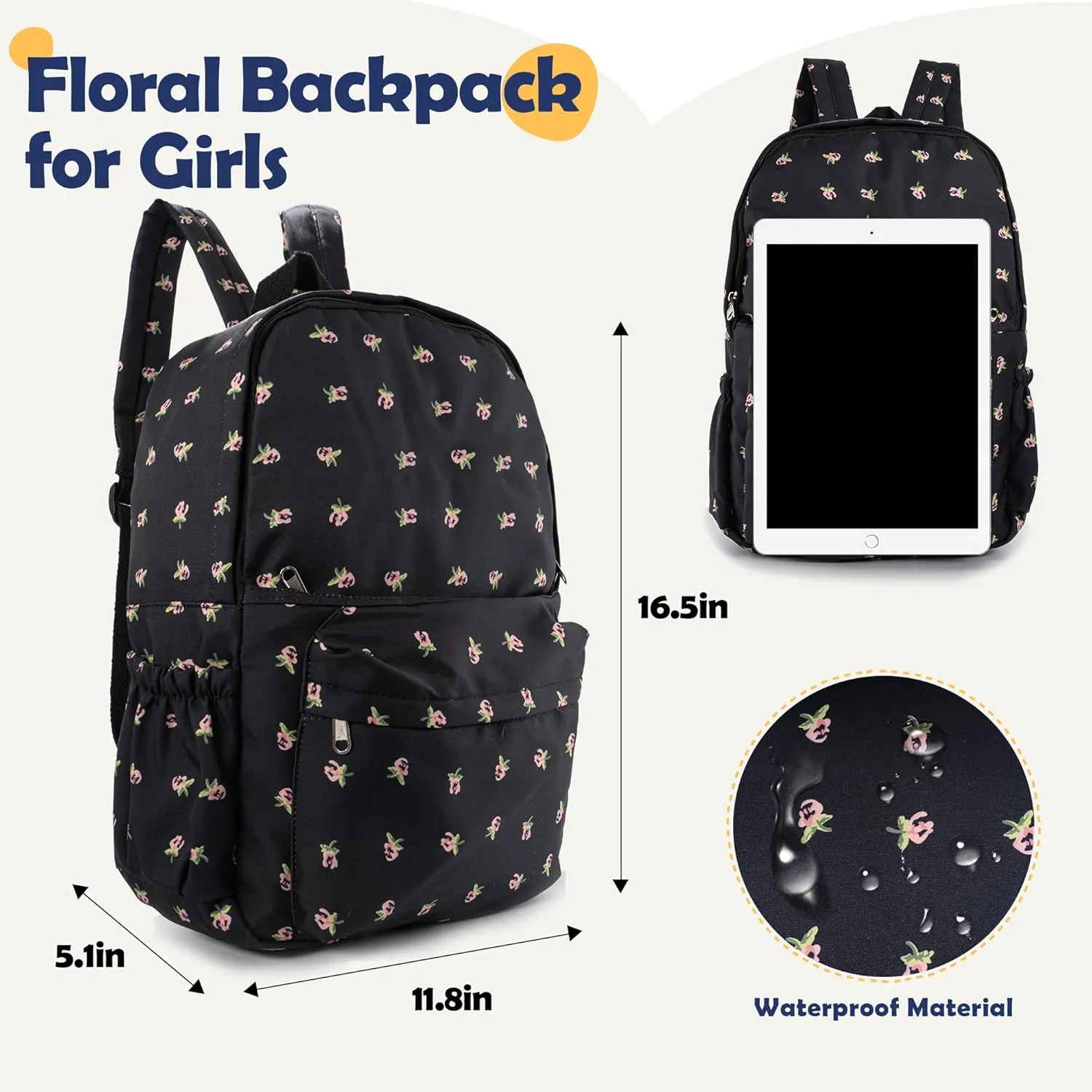 MT WORLD Floral Backpack Personalized Daycare Backpack with Name 16inch Flower Daypack with 2 Side Pockets & Spacious Interior Custom Daycare Bag for Overnight Daily Activities Birthday Gifts (Black)