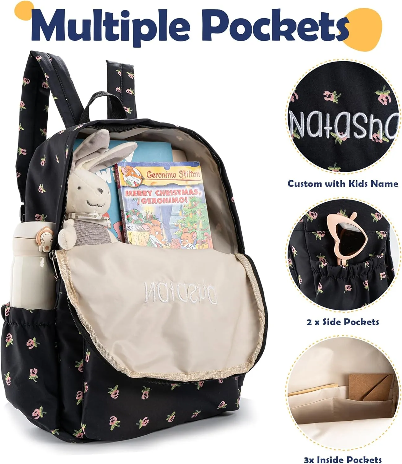 MT WORLD Floral Backpack Personalized Daycare Backpack with Name 16inch Flower Daypack with 2 Side Pockets & Spacious Interior Custom Daycare Bag for Overnight Daily Activities Birthday Gifts (Black)