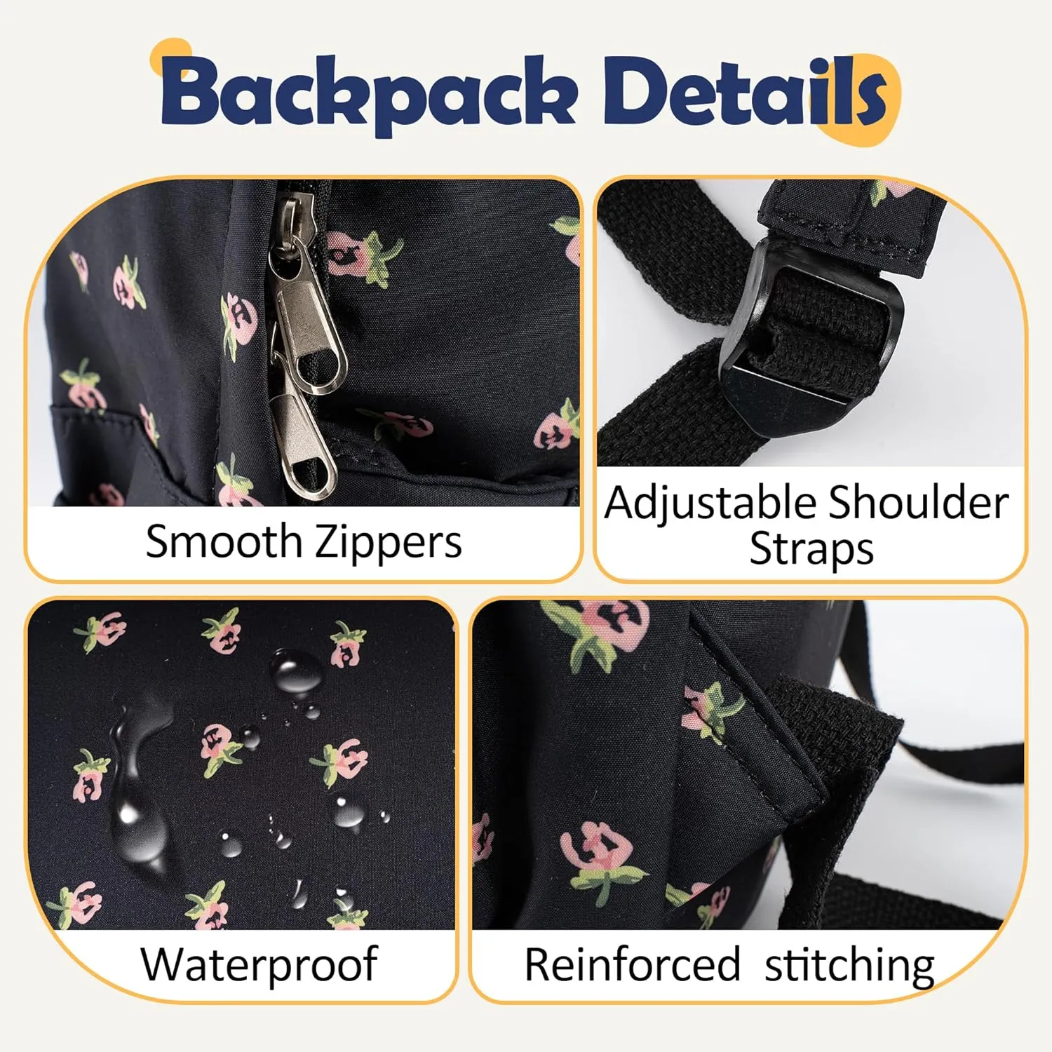 MT WORLD Floral Backpack Personalized Daycare Backpack with Name 16inch Flower Daypack with 2 Side Pockets & Spacious Interior Custom Daycare Bag for Overnight Daily Activities Birthday Gifts (Black)