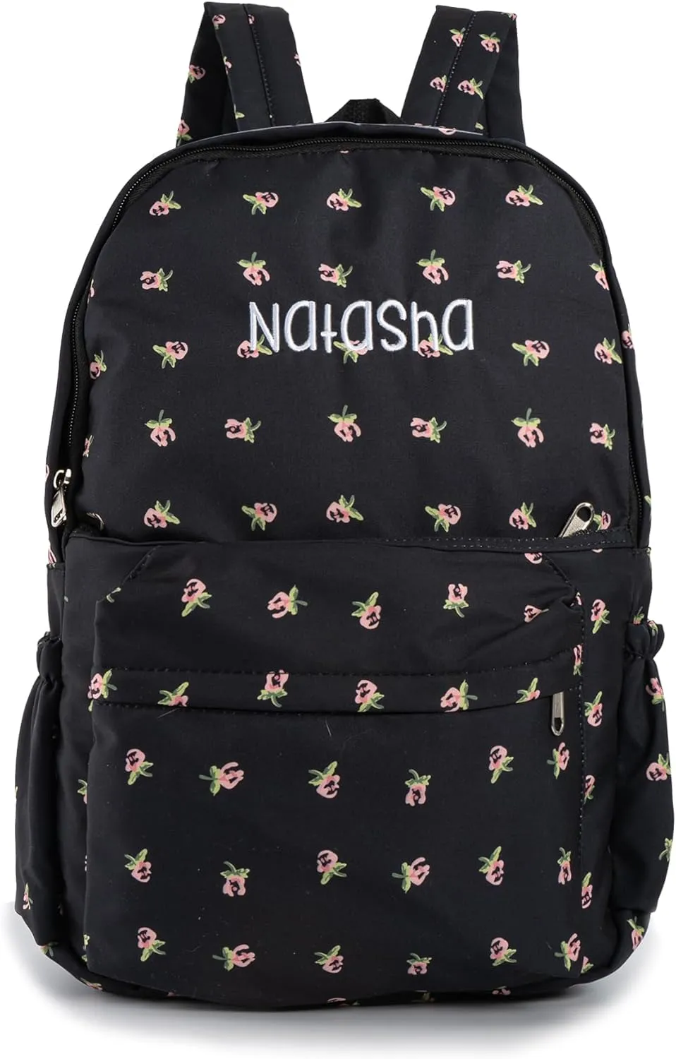 MT WORLD Floral Backpack Personalized Daycare Backpack with Name 16inch Flower Daypack with 2 Side Pockets & Spacious Interior Custom Daycare Bag for Overnight Daily Activities Birthday Gifts (Black)