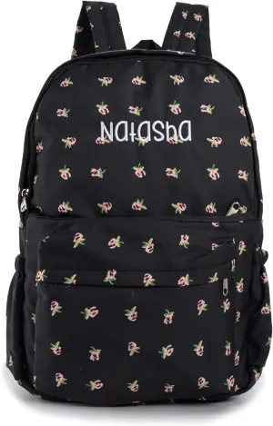 MT WORLD Floral Backpack Personalized Daycare Backpack with Name 16inch Flower Daypack with 2 Side Pockets & Spacious Interior Custom Daycare Bag for Overnight Daily Activities Birthday Gifts (Black)