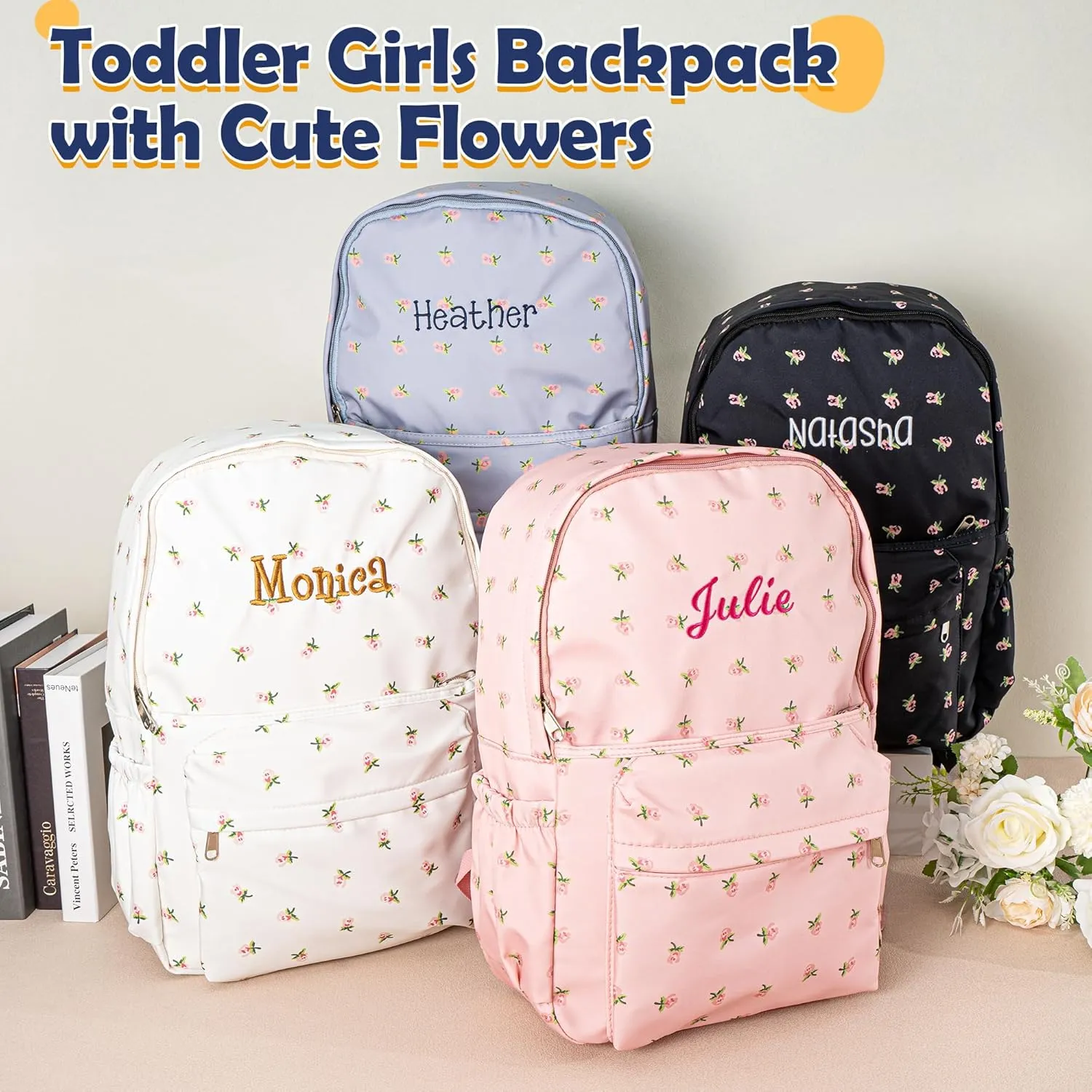 MT WORLD Floral Backpack Personalized Daycare Backpack with Name 16inch Flower Daypack with 2 Side Pockets & Spacious Interior Custom Daycare Bag for Overnight Daily Activities Birthday Gifts (Black)
