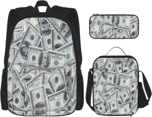 Multi Functional Funny Dollar Money Print Backpack Set With Lunch Bag And Pencil Case,Leisure,Fashion