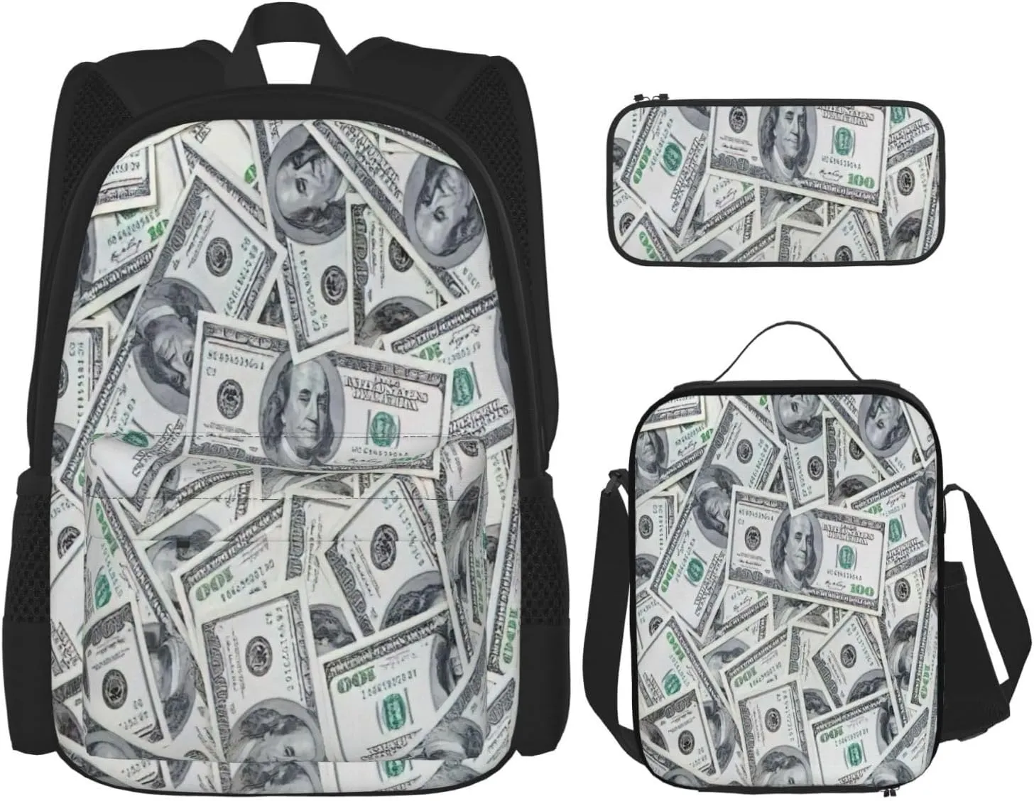 Multi Functional Funny Dollar Money Print Backpack Set With Lunch Bag And Pencil Case,Leisure,Fashion