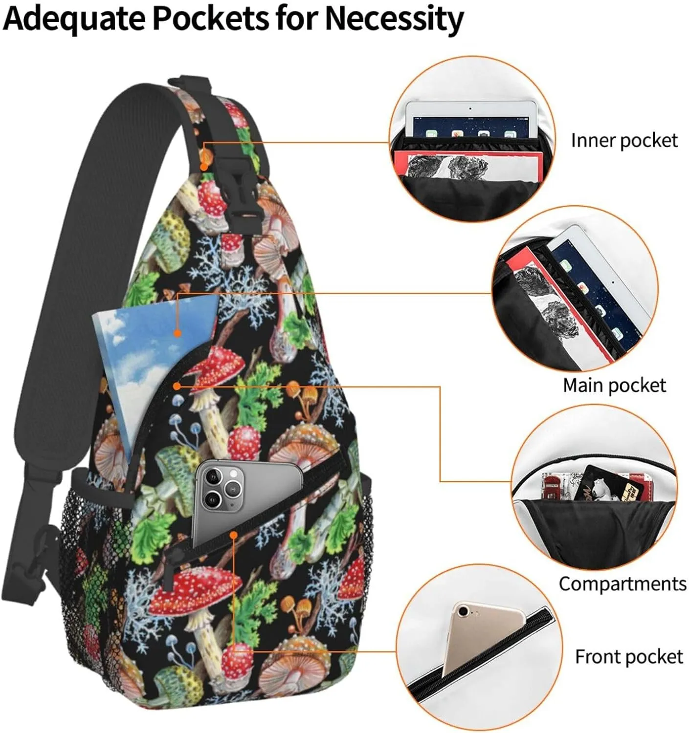 Mushrooms Blue Chest Sling Bag Crossbody Shoulder Backpack Bag Gym Cycling Daypack Travel Hiking Cross Bag