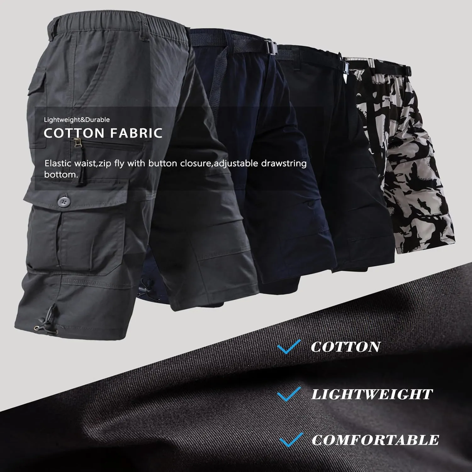 Mylldey Men's Cargo Shorts 3/4 Relaxed Fit Mens Running Shorts 7 Pockets Elastic Waist Cotton Hiking Shorts