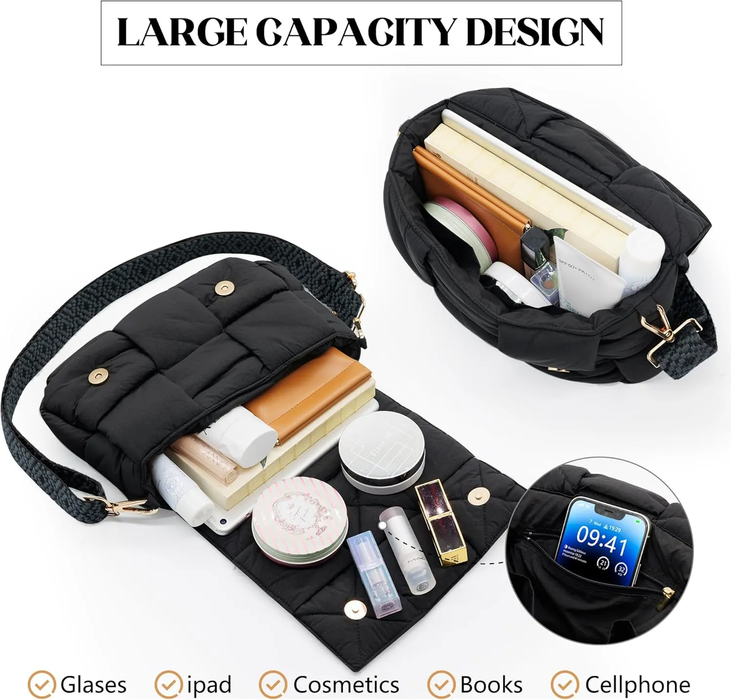 NAARIIAN Shoulder bags for women, Light-weight small puffer purses waterproof, hand-woven puffy bag crossbody handbag