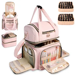 Nail Polish Organizer Bag Holds 70 Bottles& Nail Lamp, Velvet Nail Kit Storage Carrying Case with 2 Removable Pouches, Portable Travel Nail Supplies Shoulder Bag for Manicure Tools (Soft Pink)