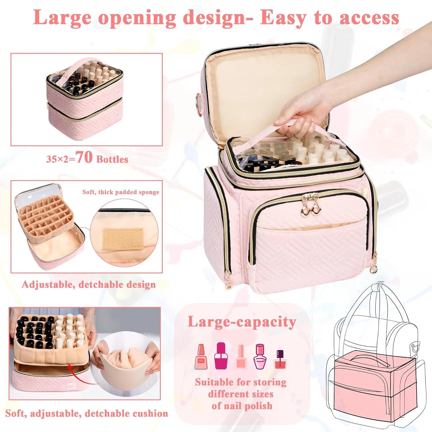 Nail Polish Organizer Bag Holds 70 Bottles& Nail Lamp, Velvet Nail Kit Storage Carrying Case with 2 Removable Pouches, Portable Travel Nail Supplies Shoulder Bag for Manicure Tools (Soft Pink)