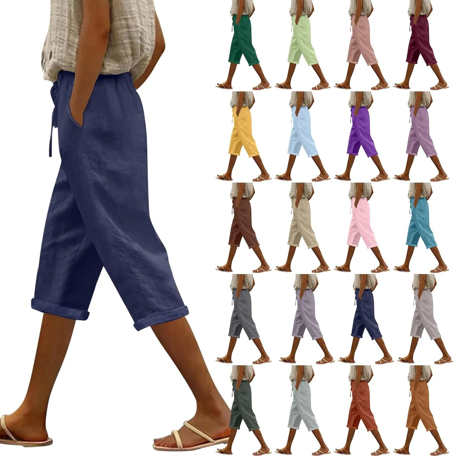 NBXNZWF Women's Linen Capri Pants Casual Elastic Drawstring Waist Lounge Pants Relaxed Fit Cropped Trousers with Pockets