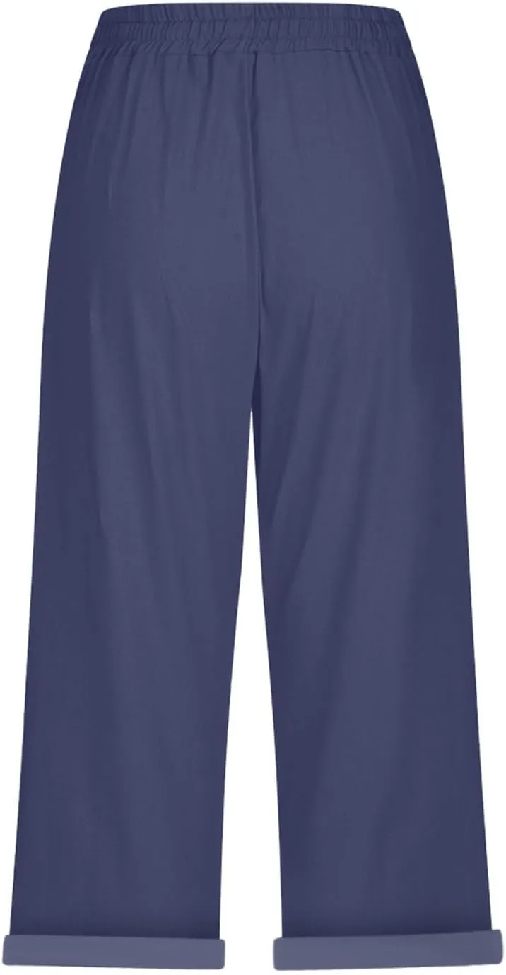 NBXNZWF Women's Linen Capri Pants Casual Elastic Drawstring Waist Lounge Pants Relaxed Fit Cropped Trousers with Pockets