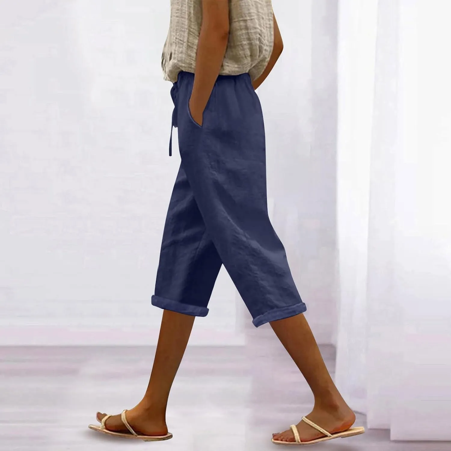 NBXNZWF Women's Linen Capri Pants Casual Elastic Drawstring Waist Lounge Pants Relaxed Fit Cropped Trousers with Pockets