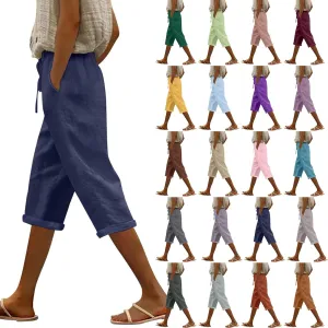 NBXNZWF Women's Linen Capri Pants Casual Elastic Drawstring Waist Lounge Pants Relaxed Fit Cropped Trousers with Pockets