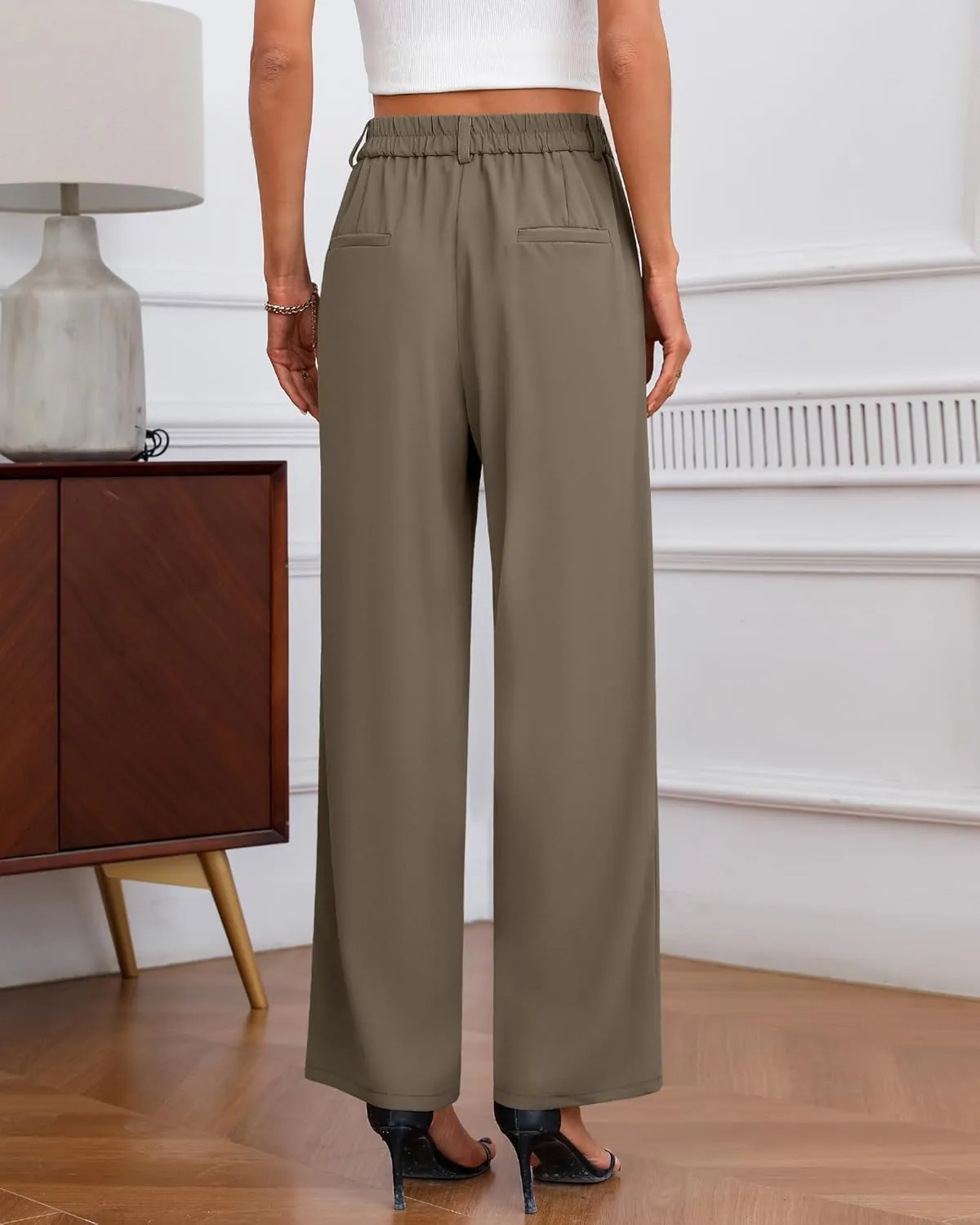 Neer Women's Wide Leg Dress Pants, High Waisted Elastic in The Back Work Trousers with Pockets Business Casual Office Slacks