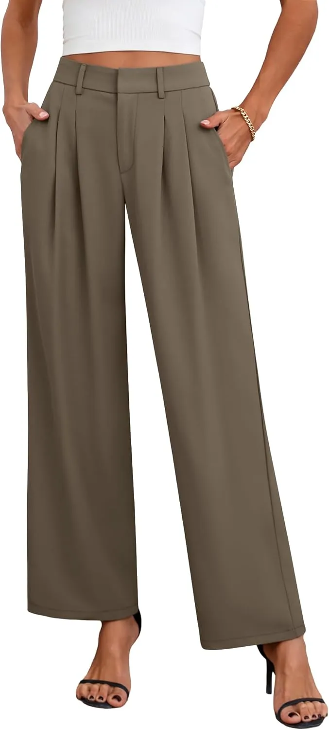 Neer Women's Wide Leg Dress Pants, High Waisted Elastic in The Back Work Trousers with Pockets Business Casual Office Slacks