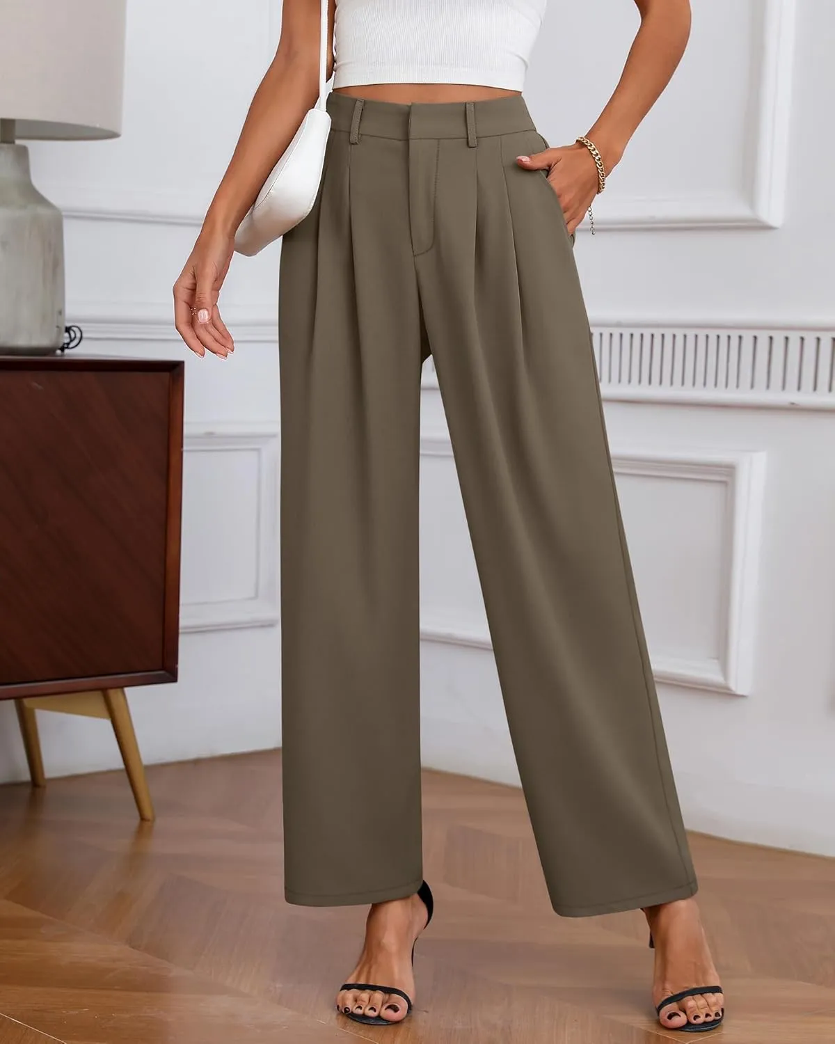 Neer Women's Wide Leg Dress Pants, High Waisted Elastic in The Back Work Trousers with Pockets Business Casual Office Slacks