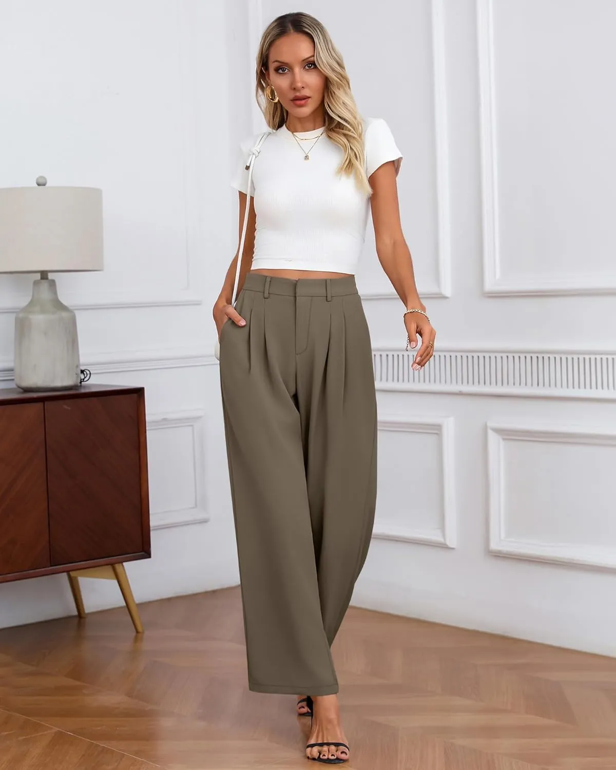 Neer Women's Wide Leg Dress Pants, High Waisted Elastic in The Back Work Trousers with Pockets Business Casual Office Slacks