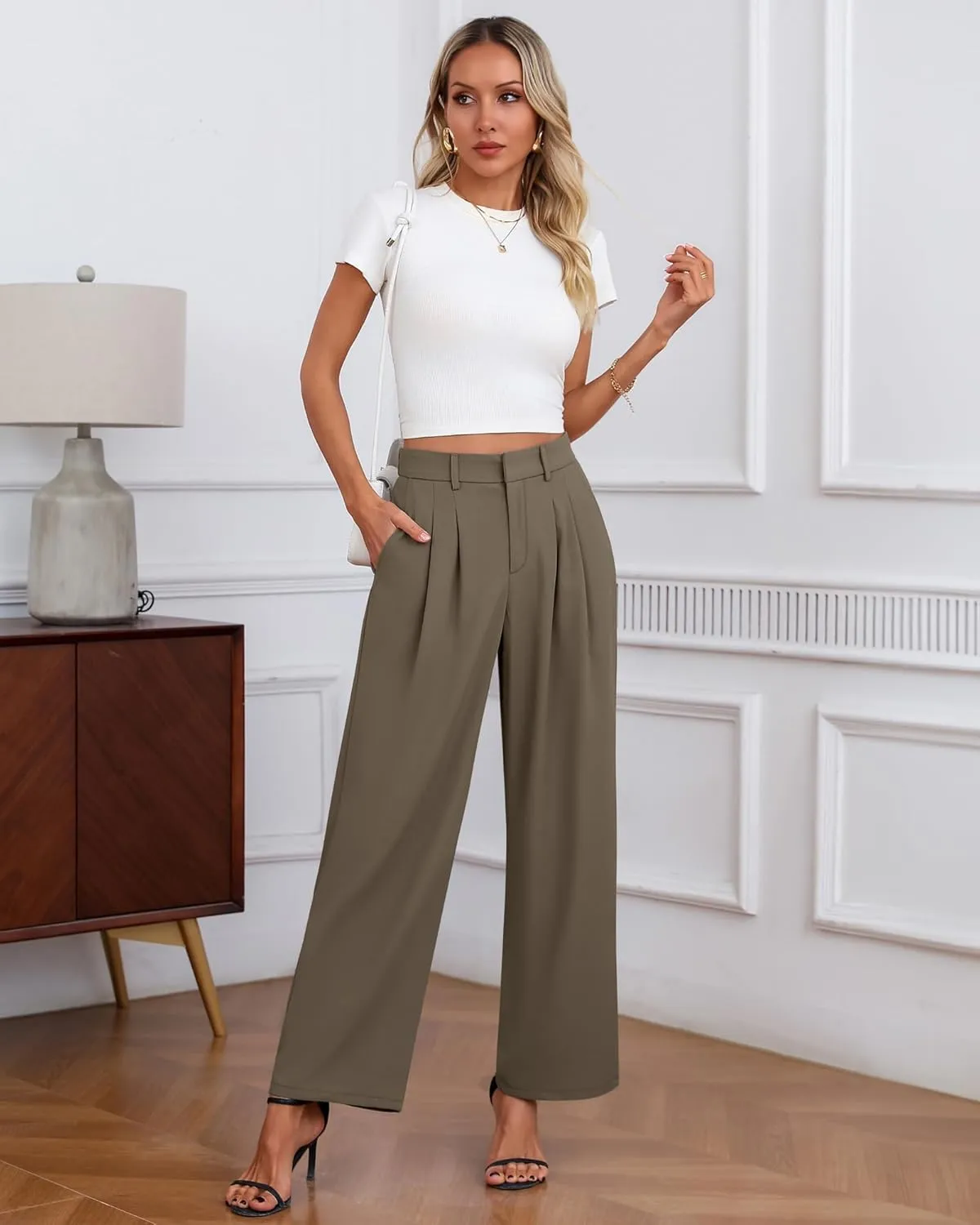 Neer Women's Wide Leg Dress Pants, High Waisted Elastic in The Back Work Trousers with Pockets Business Casual Office Slacks