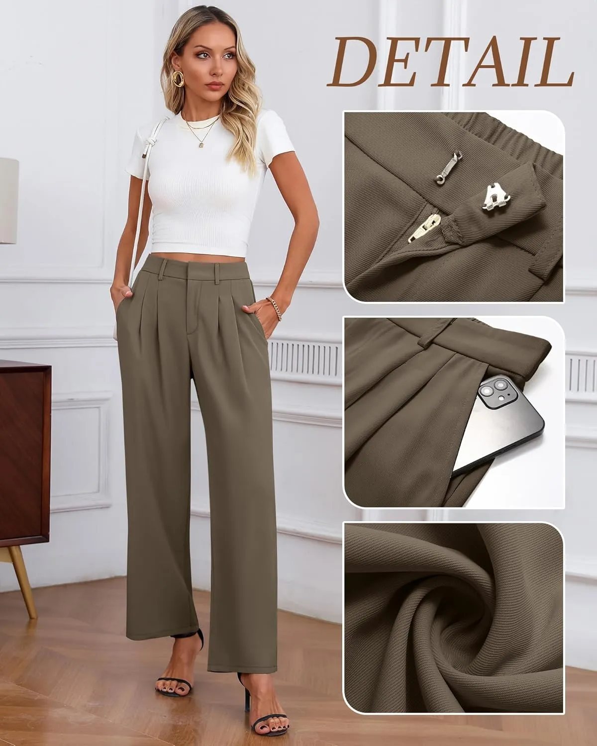 Neer Women's Wide Leg Dress Pants, High Waisted Elastic in The Back Work Trousers with Pockets Business Casual Office Slacks