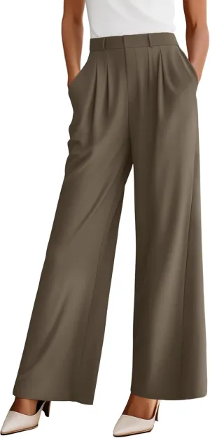 Neer Women's Wide Leg Dress Pants, High Waisted Elastic in The Back Work Trousers with Pockets Business Casual Office Slacks