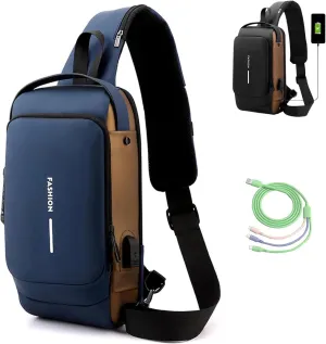 New Carbon Fiber Streamline Anti Theft Sling Bag for Women Men, Sling Backpack USB Waterproof Chest Daypack for Travel/Sport (Blue)