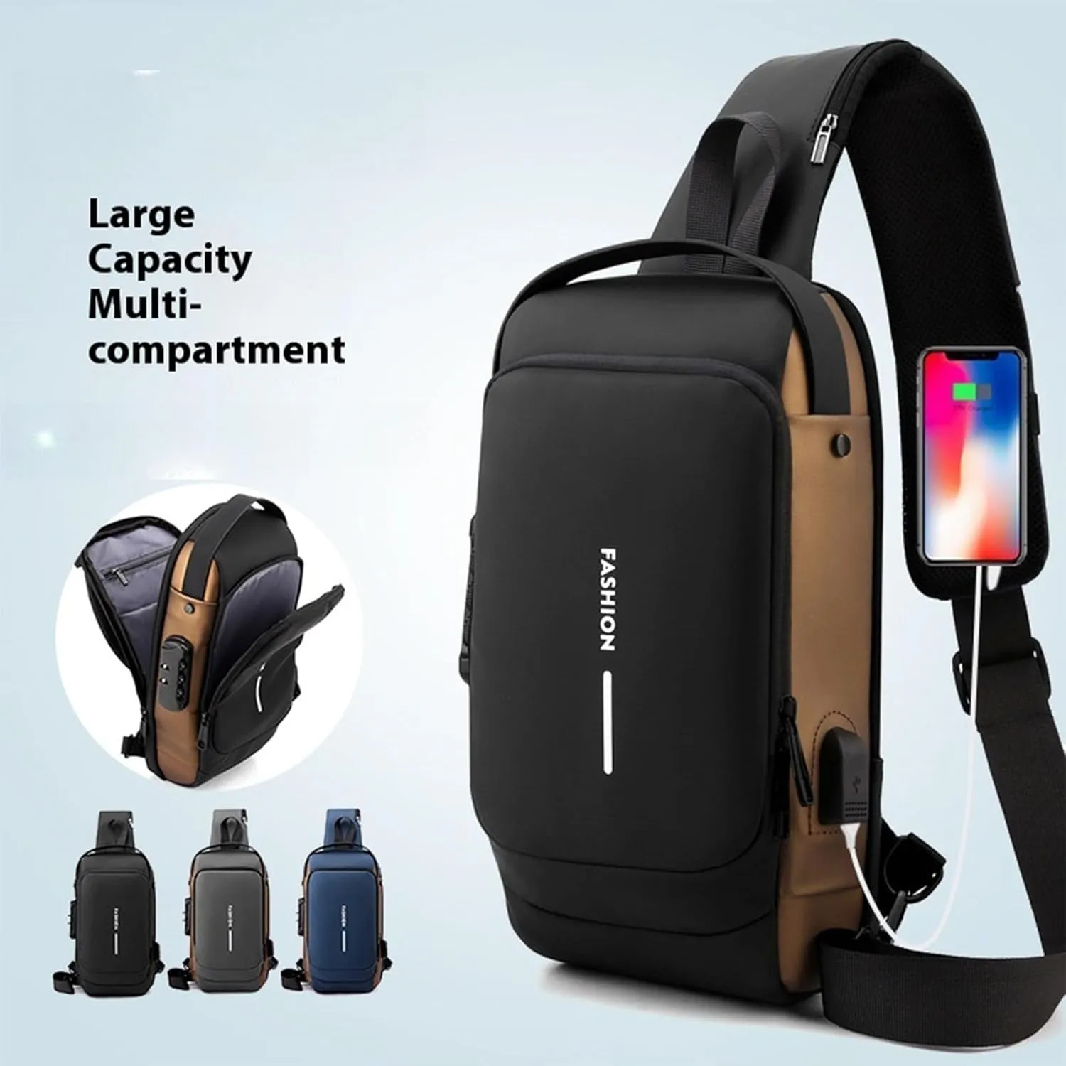 New Carbon Fiber Streamline Anti-Theft Sling Bag, USB Charging Waterproof Crossbody Backpack for Travel Gym Sports (Black-a)