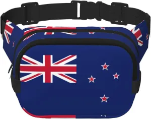 New Zealand Flag Print Fashion Waist Packs Square Layer Waist Bag Black Belt Bag with Adjustable Strap
