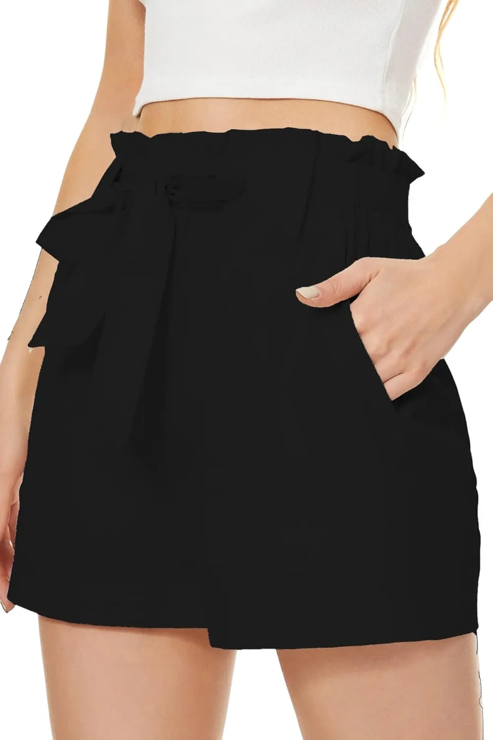 NEYOUQE Shorts for Women Summer Casual Bowknot Belted Elastic High Waisted Wide Leg Beach Loose Short Pants with Pockets