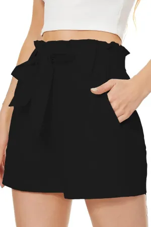NEYOUQE Shorts for Women Summer Casual Bowknot Belted Elastic High Waisted Wide Leg Beach Loose Short Pants with Pockets