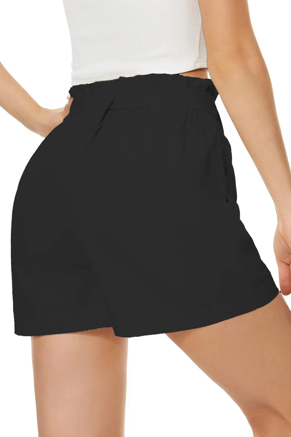 NEYOUQE Shorts for Women Summer Casual Bowknot Belted Elastic High Waisted Wide Leg Beach Loose Short Pants with Pockets