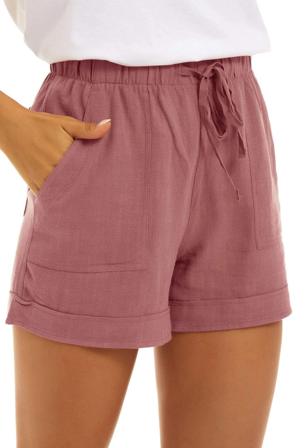NEYOUQE Womens Cotton Linen Casual Summer Elastic Waist Comfy Shorts with Pocket