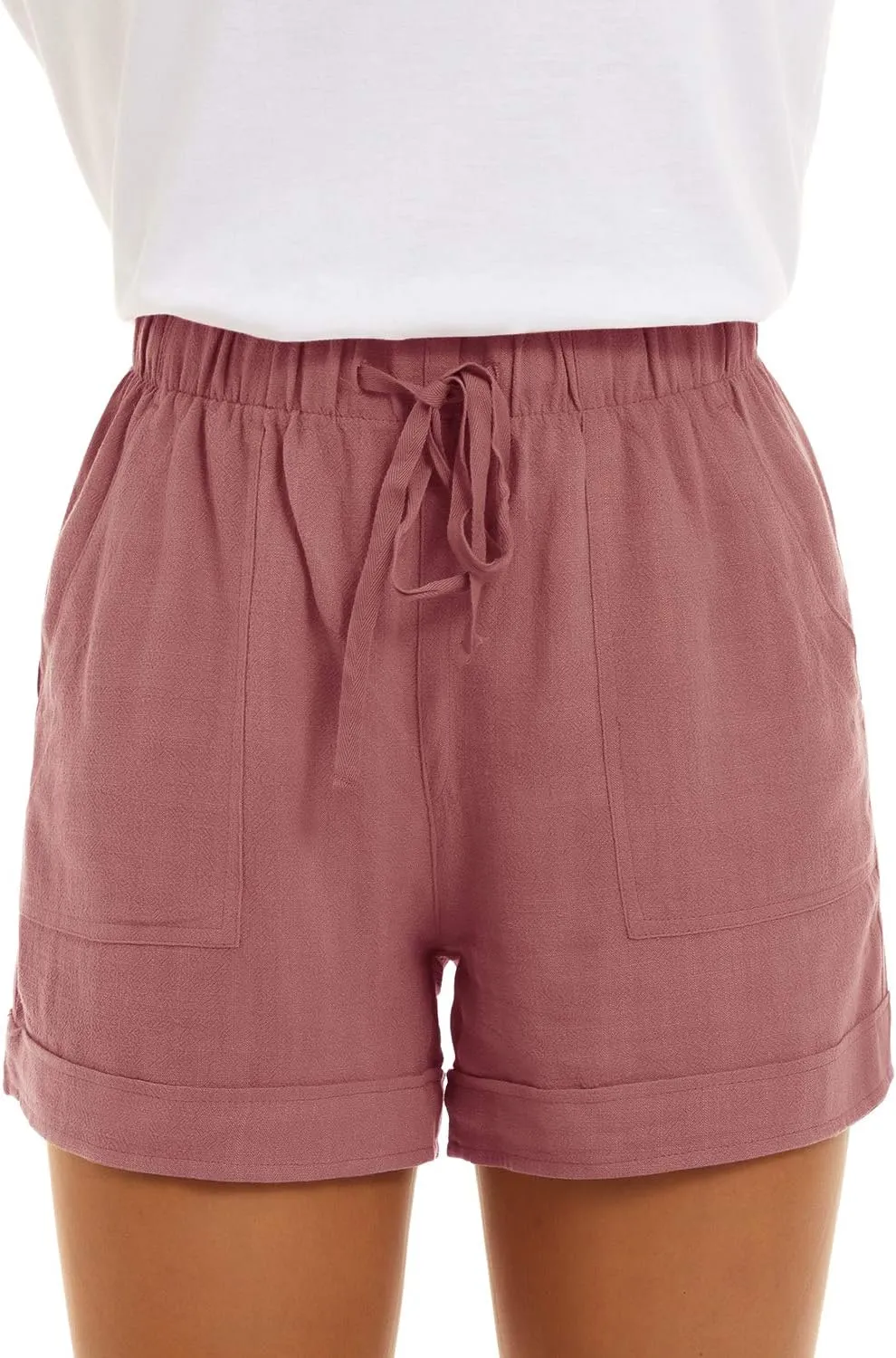 NEYOUQE Womens Cotton Linen Casual Summer Elastic Waist Comfy Shorts with Pocket