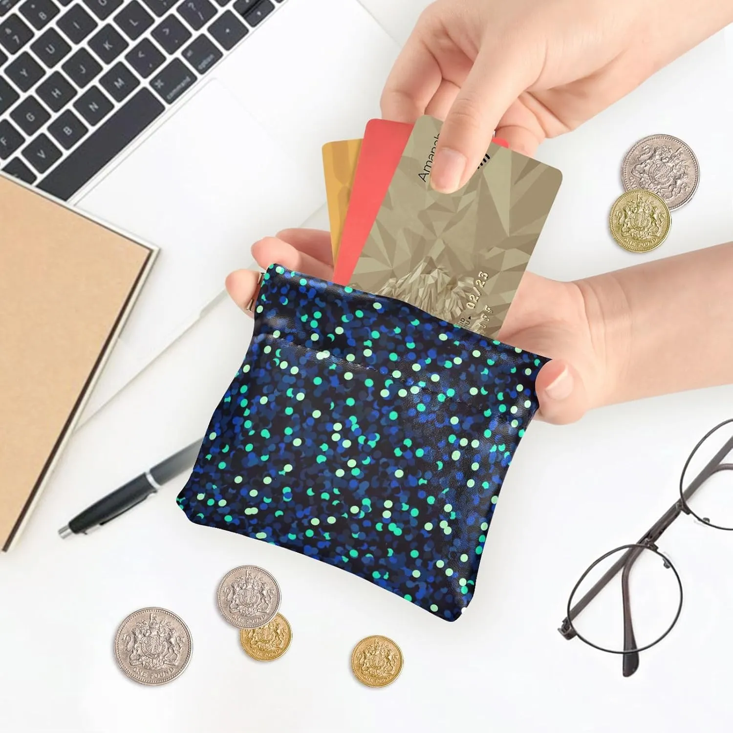 Night Blue Glitter Navy Cute Coin Purse for Women Leather Animal Print Snap Card Change Holder for Coins