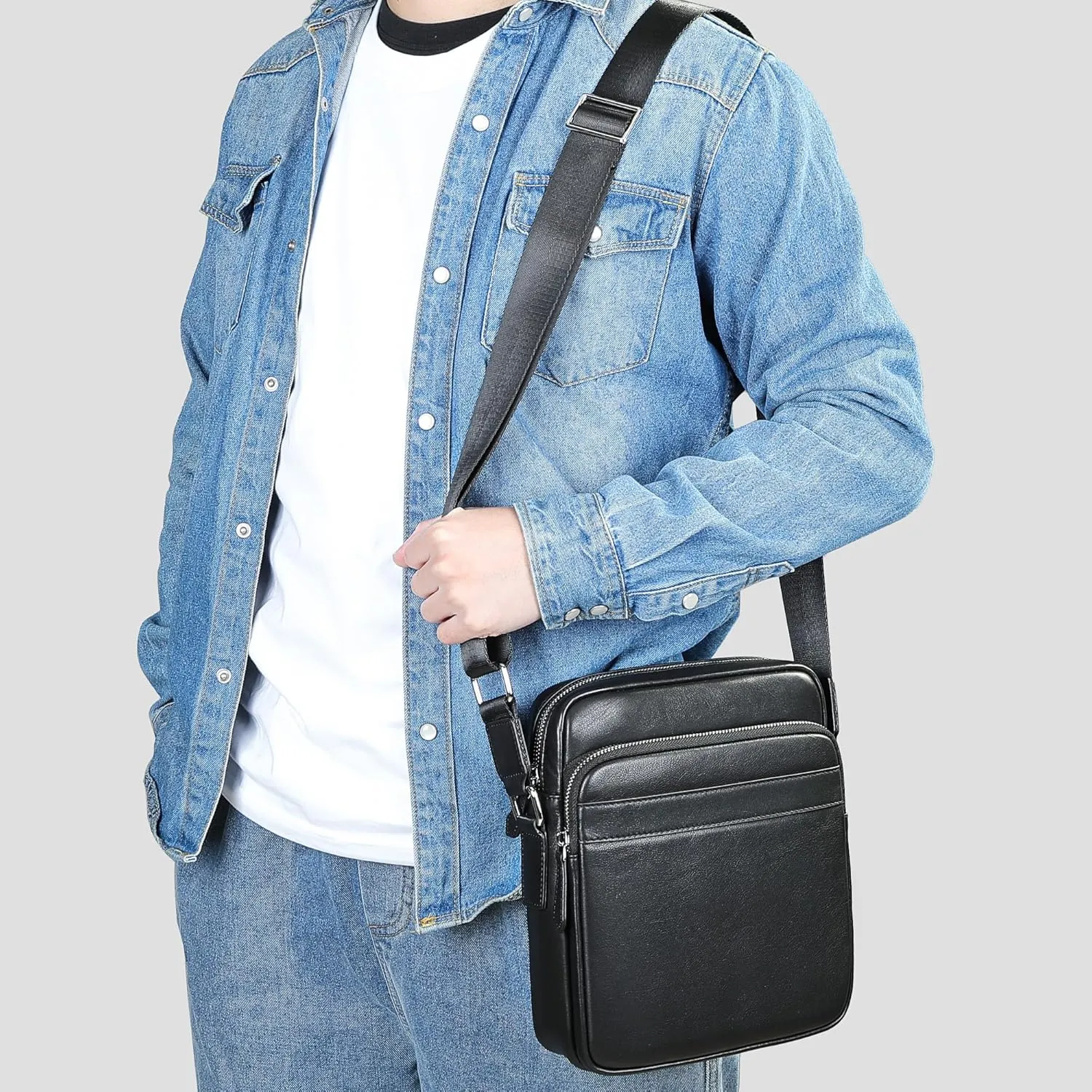 NIUCUNZH Man Purses and Bags Small, Mini Genuine Leather Messenger and Shoulder Bag for Men with lots of Zipper Pockets