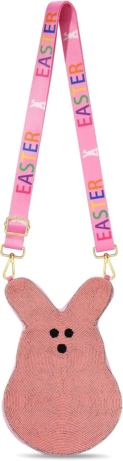 NLCAC Easter Bunny Beaded Purse Crossbody Bag Pink Beaded Bag Adjustable Spring Holiday Strap Shoulder Bag for Women