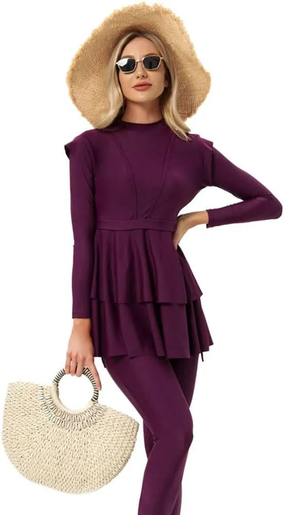 OBEEII Womens Muslim Swimsuits Full Coverage Long Sleeve Swimwear Burkini Hijab Bathing Suit