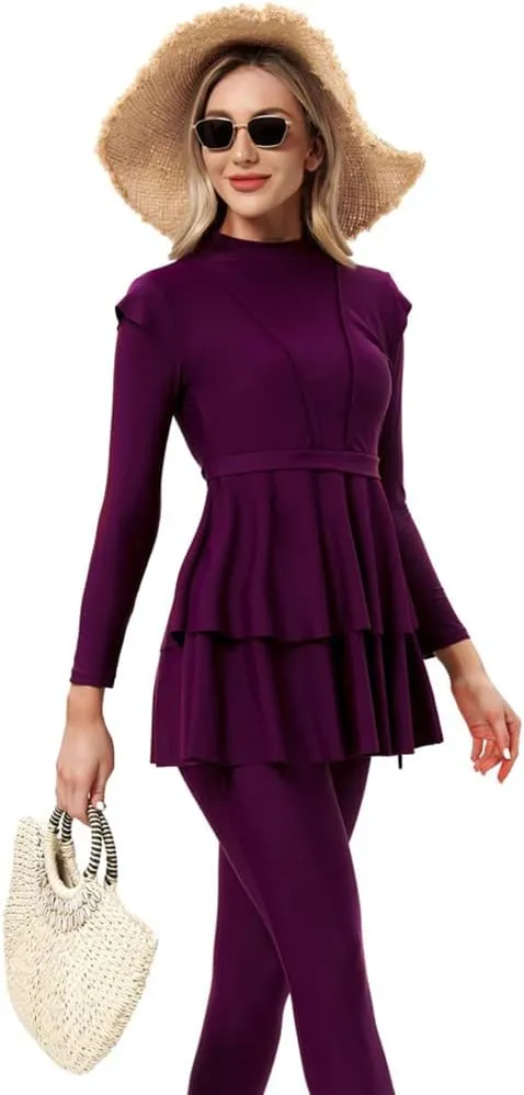 OBEEII Womens Muslim Swimsuits Full Coverage Long Sleeve Swimwear Burkini Hijab Bathing Suit