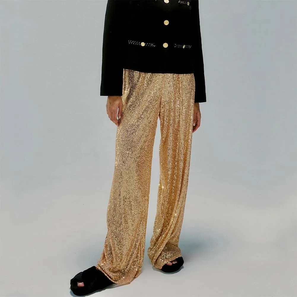 ODIZLI Womens Wide Leg Sparkle Sequin Pants Elastic High Waisted Bling Glitter Dance Pants