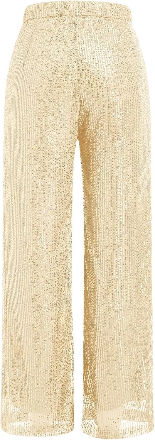 ODIZLI Womens Wide Leg Sparkle Sequin Pants Elastic High Waisted Bling Glitter Dance Pants