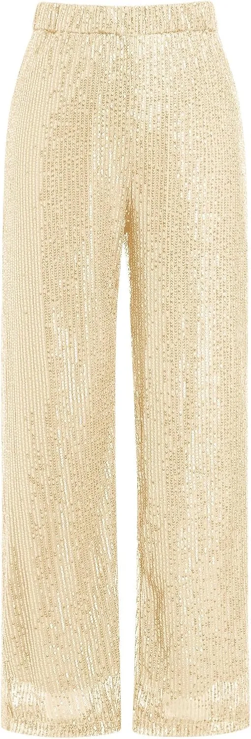 ODIZLI Womens Wide Leg Sparkle Sequin Pants Elastic High Waisted Bling Glitter Dance Pants