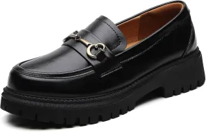 OKJ Black Loafers for Women Chunky Women's Loafers & Slip-ons Penny Comfort Shoes Metal Chain Dressy Office Work Slip on Platform Loafers for Womens Ladies Shoes