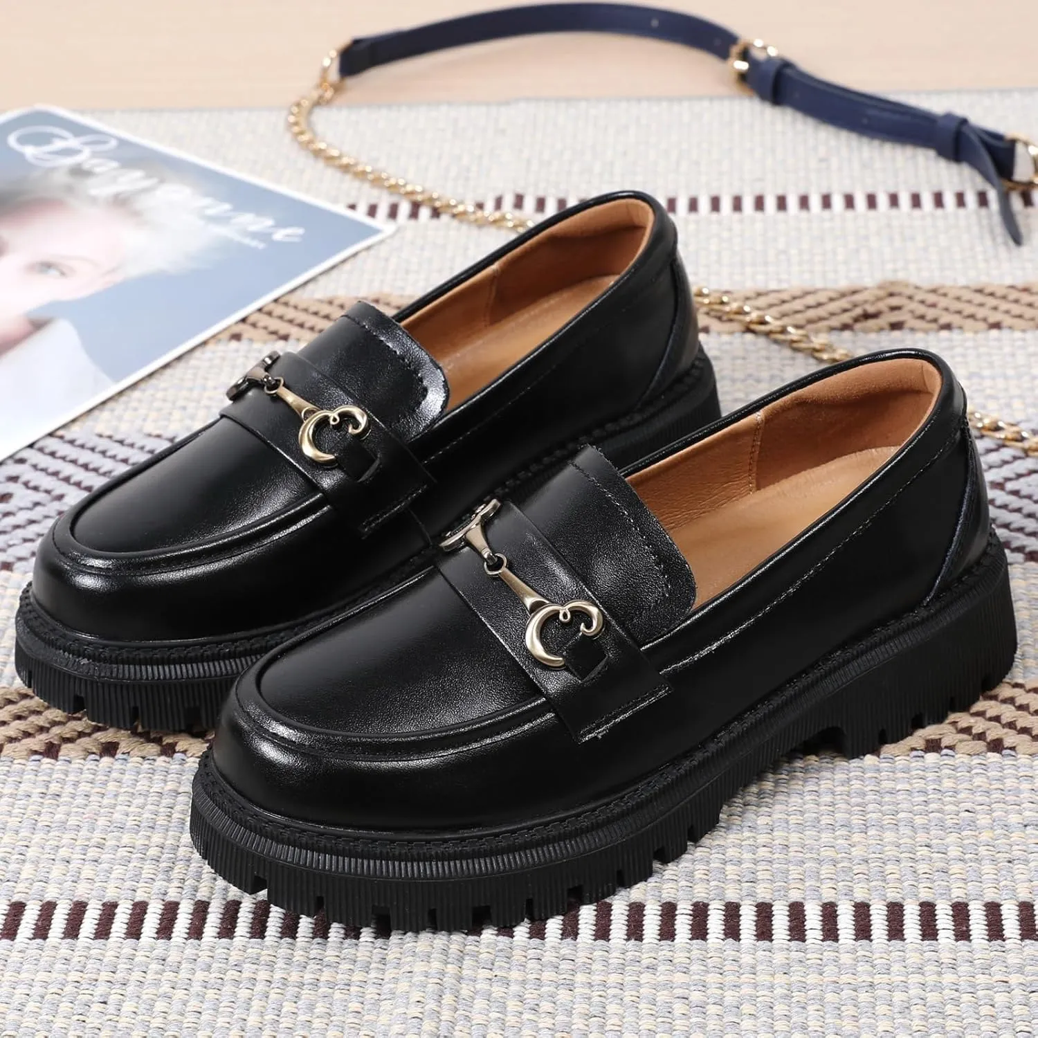 OKJ Black Loafers for Women Chunky Women's Loafers & Slip-ons Penny Comfort Shoes Metal Chain Dressy Office Work Slip on Platform Loafers for Womens Ladies Shoes