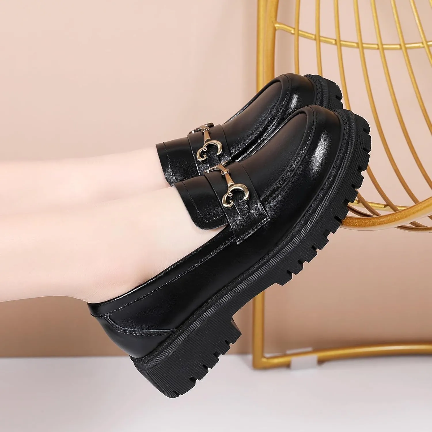 OKJ Black Loafers for Women Chunky Women's Loafers & Slip-ons Penny Comfort Shoes Metal Chain Dressy Office Work Slip on Platform Loafers for Womens Ladies Shoes
