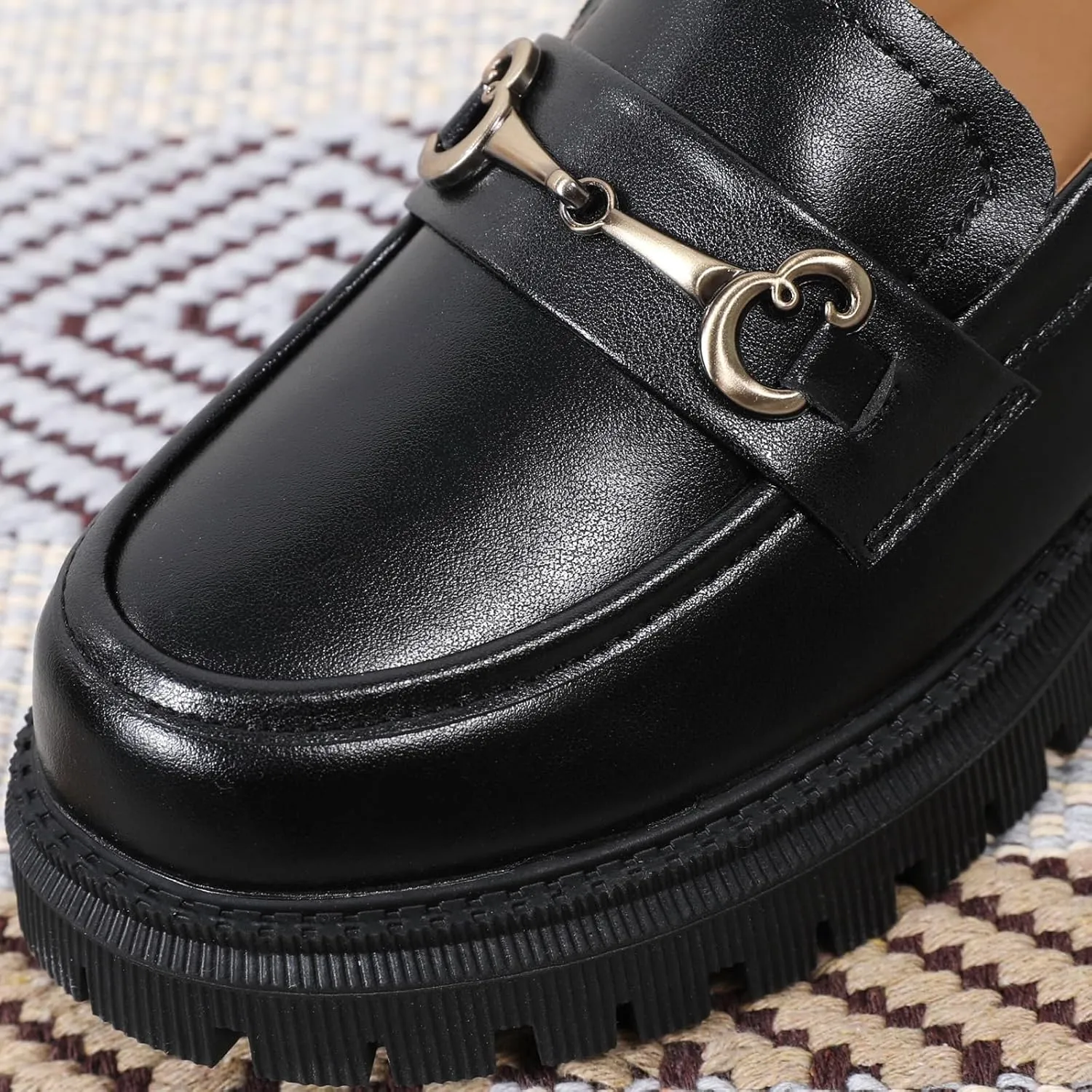OKJ Black Loafers for Women Chunky Women's Loafers & Slip-ons Penny Comfort Shoes Metal Chain Dressy Office Work Slip on Platform Loafers for Womens Ladies Shoes