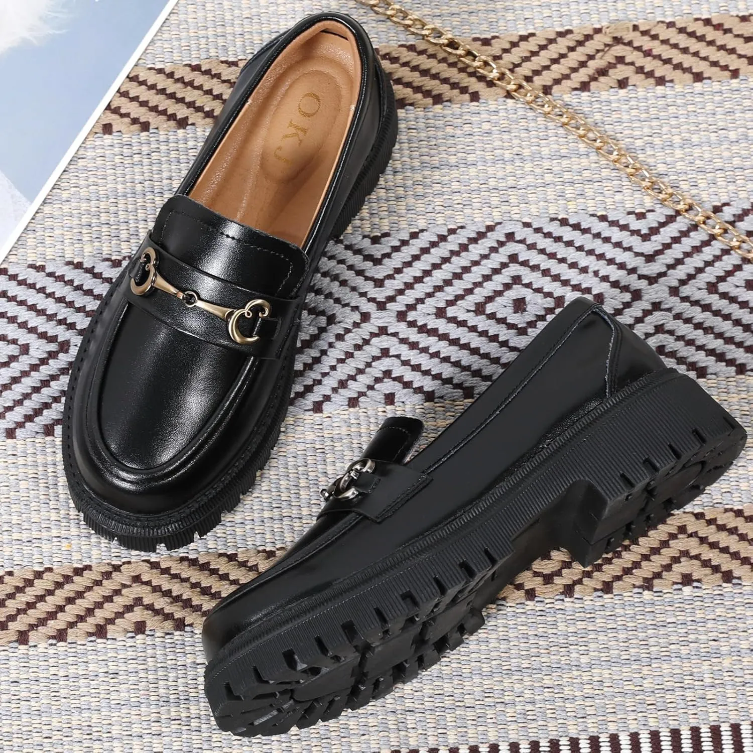 OKJ Black Loafers for Women Chunky Women's Loafers & Slip-ons Penny Comfort Shoes Metal Chain Dressy Office Work Slip on Platform Loafers for Womens Ladies Shoes