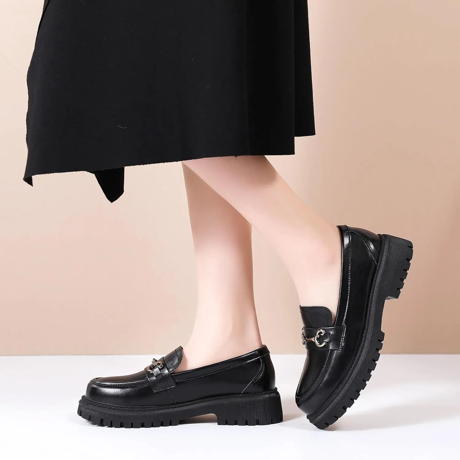 OKJ Black Loafers for Women Chunky Women's Loafers & Slip-ons Penny Comfort Shoes Metal Chain Dressy Office Work Slip on Platform Loafers for Womens Ladies Shoes