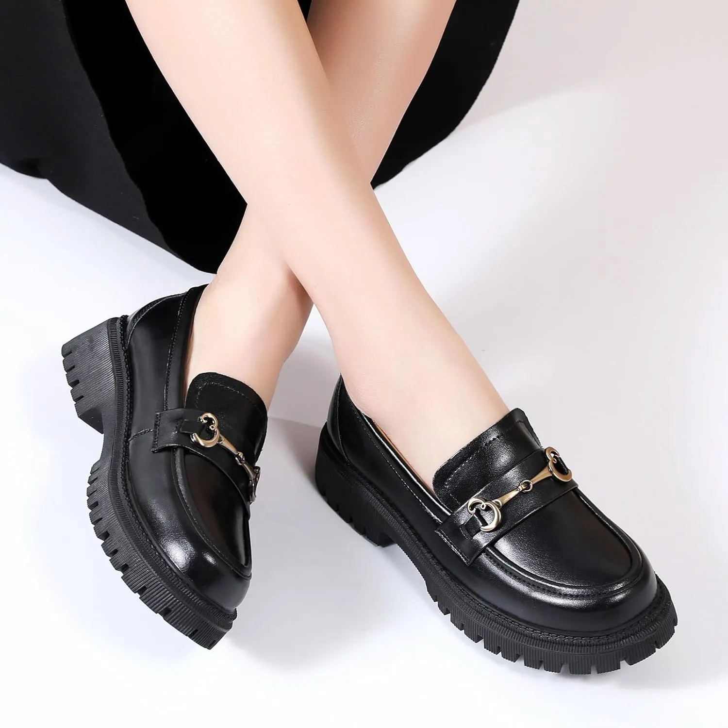OKJ Black Loafers for Women Chunky Women's Loafers & Slip-ons Penny Comfort Shoes Metal Chain Dressy Office Work Slip on Platform Loafers for Womens Ladies Shoes